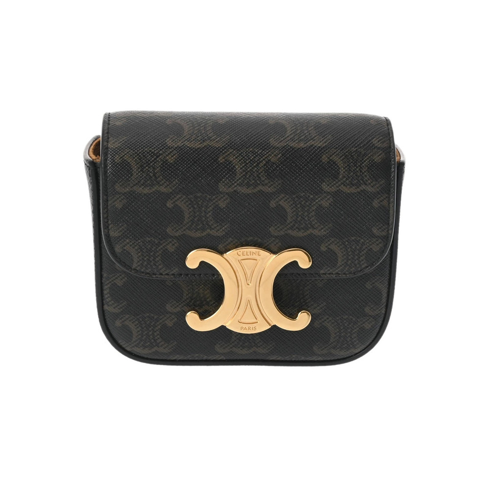 CELINE Claude Triomphe Black Brown Calfskin Canvas Shoulder Bag